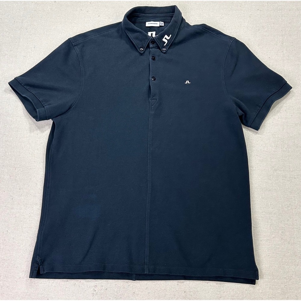 J.Lindeberg Mens Medium Navy Blue Pique Golf Polo Shirt Embroidered Logo